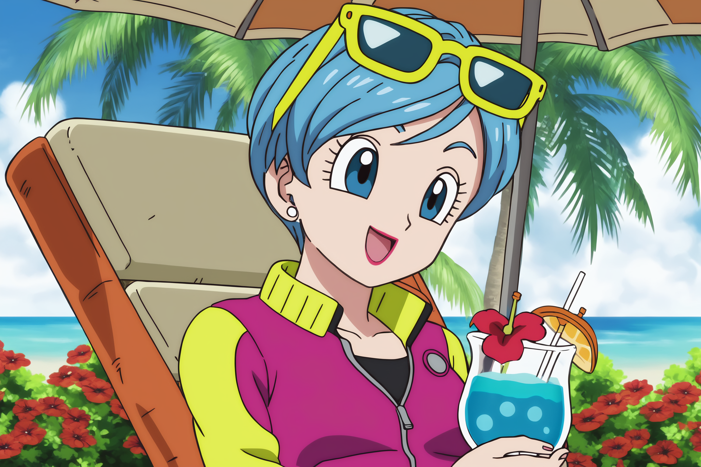 source_anime, score_9, score_8_up, score_7_up, anime screencap, absurd res, high quality, 
bulma, super, dragon ball super broly, jacket and shorts outfit, official style, anime screencap, 1girl, solo, smile, very short hair, side swept hair, open mouth, blue eyes, holding, jewelry, blue hair, jacket, upper body, flower, :d, stud earrings, outdoors, day, tree, cup, eyelashes, makeup, chair, happy, sunglasses, lipstick, red flower, eyewear on head, drinking glass, drinking straw, drink, palm tree, hibiscus, multicolored jacket, tropical drink, purple jacket, yellow sleeves, black bra, partially unzipped, necklace, looking at another, coconut
<lora:DB_Bulma_v2-000046:0.8>