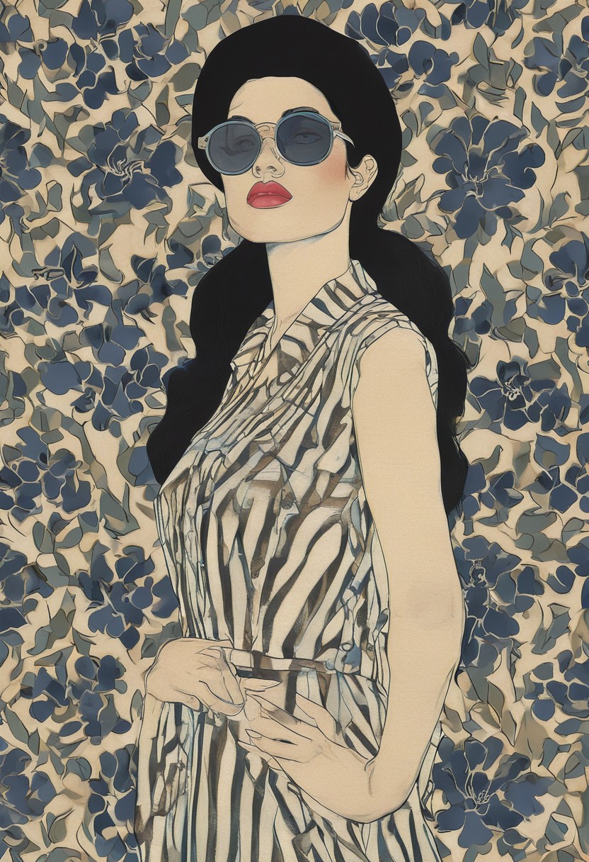 Front profile half body illustration, at a party, a punk 80's Asian model woman with a 50's beret, Long black hair, Momo Yaoyorozu, in a minimal round striped pattern denim jumpsuit and large sunglasses, 80 degree view, art by Sergio Lopez, Natalie Shau, James Jean, Salvador Dali, and an emo 2000's European man., <lora:Vintage_vibes:1>