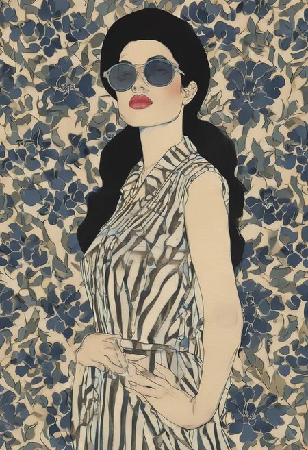 Front profile half body illustration, at a party, a punk 80's Asian model woman with a 50's beret, Long black hair, Momo Yaoyorozu, in a minimal round striped pattern denim jumpsuit and large sunglasses, 80 degree view, art by Sergio Lopez, Natalie Shau, James Jean, Salvador Dali, and an emo 2000's European man., <lora:Vintage_vibes:1>