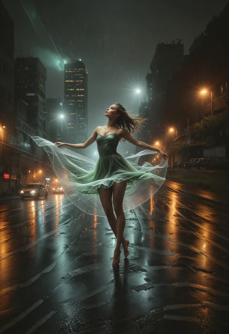 masterpiece, best quality, (full body:1.2),skinny, beautiful girl, 20 y.o, ballerina,she feels raindrops on her face,long dark brown hair, wind,(full lips:1.1), feels the rain, (barefoot:1.5), thin waist,focus on the ballerina,wet green (long:1.1) georgeous dress, she dancing in the middle of the highway,barefoot, against the backdrop of the night Moscow, skyscrapers, cars rush, a long trail of light from car headlights (ral-exposure:1.2), (long exposure:1.2), dynamic streaks, luminous trails, vibrant colors, fluid movement, captivating patterns, creative experimentation, (perfect composition:1.3), professional photography,Dynamic,Cinematic,Sharp details, Insane quality. cinematic scene, cinematic lighting, <lora:ral-rndrps-sdxl:0.5> ral-rndrps, <lora:d\EnvyZoomSliderXL01:-1.15> <lora:ral-exposure-sdxl:0.95> <lora:Dance_Art:0.5>