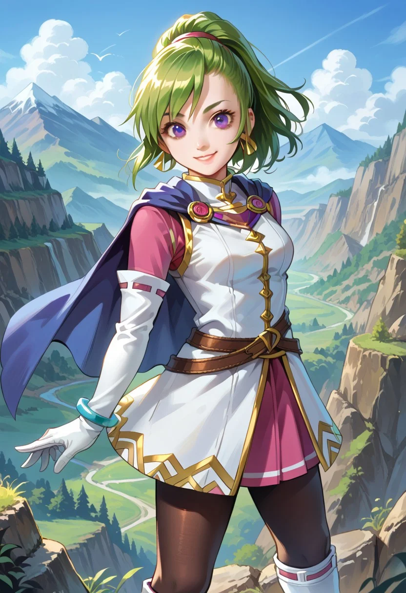 score_8, score_8_up, score_7_up, 1girl, solo, female focus, solo, Karis_GS, green hair, ponytail, bangs, asymmetrical hair, sidelocks, purple eyes, triangle earrings,capelet, blue capelet, small breasts, mandarin collar, coat, white coat, ribbon trim, gold trim, undershirt, pink shirt, pink sleeves, crossed belts, miniskirt, pink skirt, white gloves, elbow gloves, bracelet, black pantyhose, white boots, knee boots, standing, looking at viewer, smile, arms at side, mountain pass, cliff, outdoors, wind,