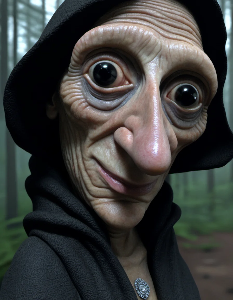 very dark nightly closeup photo of a 17th century elderly skinny witch woman, drooping eyes, long thin nose with warts on it, big black grin, wearing a dark hood, silver hair with big crooked eyes and asymmetrical features in a very dark enchanted horror forest infront of a creepy gingerbread house, mist, intricate, volumetric lighting, drooling, snot in nose, gross, contrast