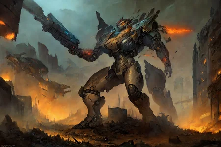 uploaded on e621, by honovy, by Frank Frazetta, HDR, masterpiece, (a menacing combat mech and it's female pilot), (female fox in a futuristic pilot skinsuit sitting on a mech), (((ruined city landscape, ruined buildings, rubble, street, anti-air gunfire in the background, at night))), EyeDetail,    <lora:mecha_in_war:0.8> mecha28