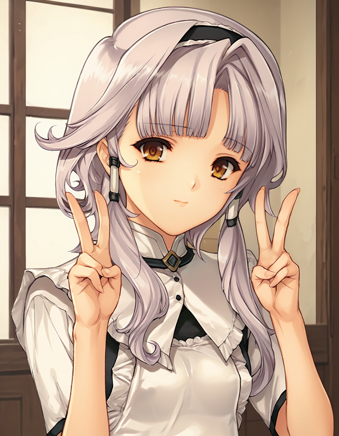 score_9, score_8_up, score_7_up, score_6_up, score_5_up, score_4_up, <lora:YukinoOR_T2V0:0.85>, <lora:sdxl_lightning_8step_lora:1>,
1girl, solo, source_anime, anime screencap,
YukinoOR_T2V0, light purple hair, short hair with long locks, hair intakes, hair tubes, brown eyes, small breasts, 
black hairband, maid, 
white capelet, white shirt, short sleeves, white apron, frilled apron, 
hands up, double v, 
looking at viewer, light smile, closed mouth, 
indoors, upper body, straight-on,