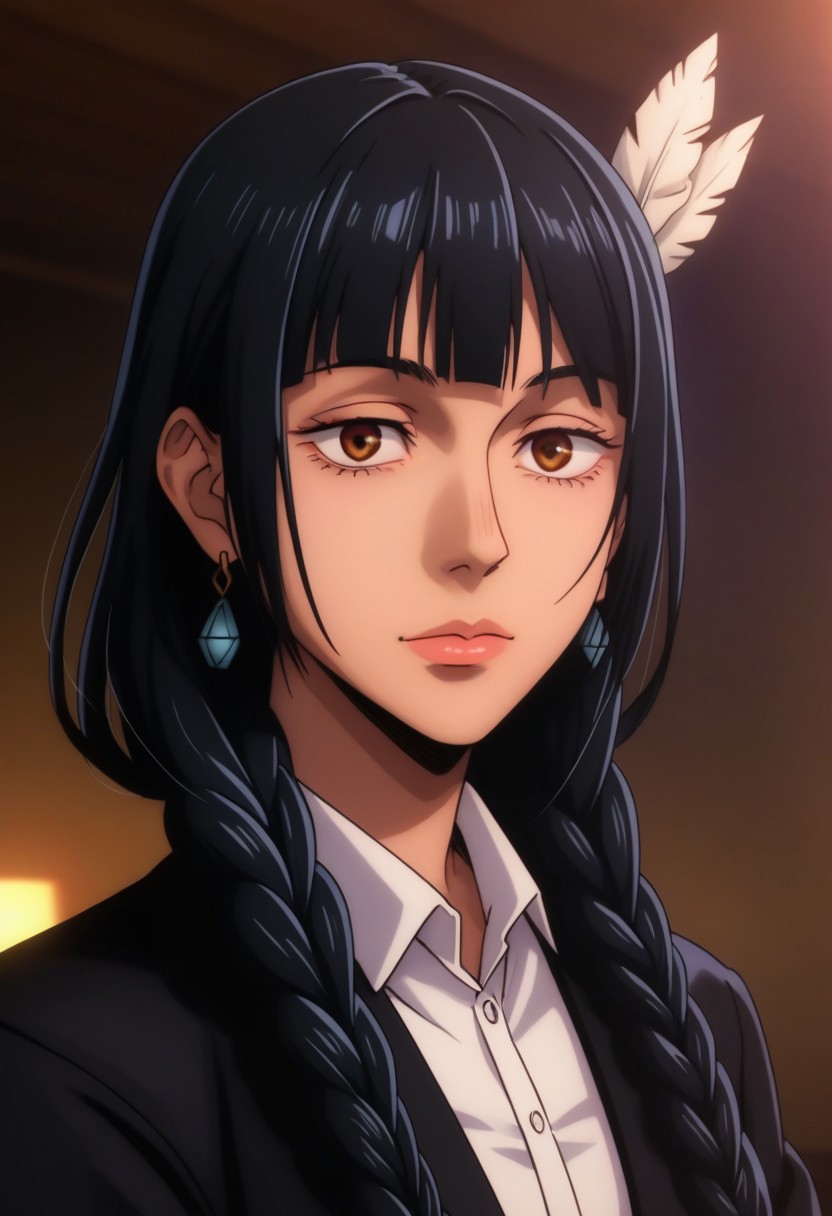 score_9, score_8_up, score_7_up, source_anime, intricate details, anime screencap, perfect balance, official art, extremely detailed CG unity 8k wallpaper, perfect lighting, Colorful, Warm_Front_face_Lighting, (masterpiece:1.0),(best_quality:1.0), ultra high res,4K,ultra-detailed, photography, 8K, HDR, highres, absurdres:1.2, Kodak portra 400, blurry background, bokeh, lens flare, (Anime) (vibrant_color:1.2), professional photograph, night, (cute_face:1.2), 2d, anime, upper body, intricate iris, American, Professional character design, 1girl, female focus, (Brown eyes), perfect eyes, (black-hair), Native American, Indigenous, American Indian, youthful, solo, jujutsu_kaisen_style, character portrait, (perfect-lighting), face, young, (Dark-black-hair), Long hair, (Native American), Indigenous, American Indian, (wild hair), (((wild eyes))), (Native North American), (Upturned eyes), (high cheekbones), (strong jawline), (Black Hair), ((((Native-American-Eagle-feather-braids, Native American Eagle feather accessories)))), (Black Cowboy Jacket), (((wild eyes))) ((Bobbed Bangs)) (((Slanted-Eyes))) (Psycho) (Happy) (Friendly) (Goofy) (Dark Black Jacket) (White Dress Shirt), (Blue Warpaint), (Redwood Forest, Pacific Northwest Forests), (Inuit), (Tan skin), (Dark Skin), (Brown skin), (bobbed hair), White Eagle-Feather-Earrings, Thick Bangs, Bobbed hair, Bob-cut, White-Feather-Earrings, Brown-skin, Inuit Face-paint, Full-Bangs, Wide-Bangs, Thick-Hair, Spiky-Hair, Face-paint