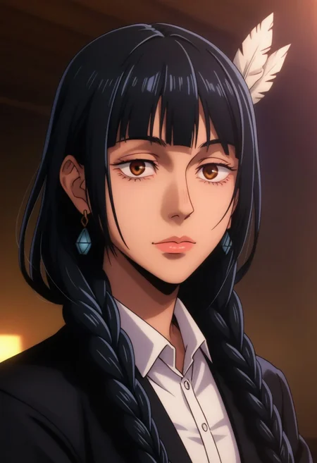 score_9, score_8_up, score_7_up, source_anime, intricate details, anime screencap, perfect balance, official art, extremely detailed CG unity 8k wallpaper, perfect lighting, Colorful, Warm_Front_face_Lighting, (masterpiece:1.0),(best_quality:1.0), ultra high res,4K,ultra-detailed, photography, 8K, HDR, highres, absurdres:1.2, Kodak portra 400, blurry background, bokeh, lens flare, (Anime) (vibrant_color:1.2), professional photograph, night, (cute_face:1.2), 2d, anime, upper body, intricate iris, American, Professional character design, 1girl, female focus, (Brown eyes), perfect eyes, (black-hair), Native American, Indigenous, American Indian, youthful, solo, jujutsu_kaisen_style, character portrait, (perfect-lighting), face, young, (Dark-black-hair), Long hair, (Native American), Indigenous, American Indian, (wild hair), (((wild eyes))), (Native North American), (Upturned eyes), (high cheekbones), (strong jawline), (Black Hair), ((((Native-American-Eagle-feather-braids, Native American Eagle feather accessories)))), (Black Cowboy Jacket), (((wild eyes))) ((Bobbed Bangs)) (((Slanted-Eyes))) (Psycho) (Happy) (Friendly) (Goofy) (Dark Black Jacket) (White Dress Shirt), (Blue Warpaint), (Redwood Forest, Pacific Northwest Forests), (Inuit), (Tan skin), (Dark Skin), (Brown skin), (bobbed hair), White Eagle-Feather-Earrings, Thick Bangs, Bobbed hair, Bob-cut, White-Feather-Earrings, Brown-skin, Inuit Face-paint, Full-Bangs, Wide-Bangs, Thick-Hair, Spiky-Hair, Face-paint