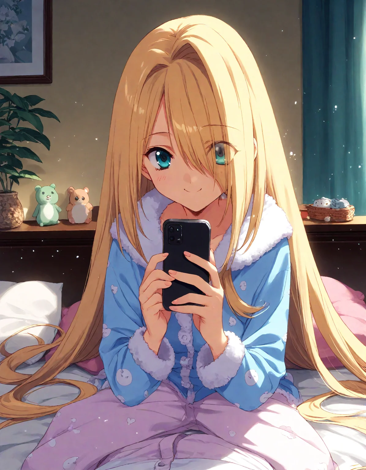 score_9, score_8_up, score_7_up, masterpiece, best quality, absurdres, official art, official style, (anime coloring, anime screencap, megami magazine, flat color:1.3), zPDXL2, zPDXLxxx,
<lora:Nanase_Aoi_Style_Pony_v1:1.0>, 1girl, solo focus, Nanase_Aoi_Style
bedroom, on bed, bed sheet, dim lighting, light particles, (pov:1.3), looking at viewer, dutch angle,
, bed, hood down, indoors, sitting, blonde hair, pillow, wariza, hood, smile, eyes visible through hair, pajamas, curtains, long sleeves, hair over one eye, holding, holding phone, long hair, cellphone, barefoot, very long hair, phone, pov hands