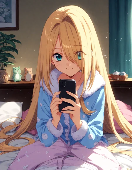 score_9, score_8_up, score_7_up, masterpiece, best quality, absurdres, official art, official style, (anime coloring, anime screencap, megami magazine, flat color:1.3), zPDXL2, zPDXLxxx,
<lora:Nanase_Aoi_Style_Pony_v1:1.0>, 1girl, solo focus, Nanase_Aoi_Style
bedroom, on bed, bed sheet, dim lighting, light particles, (pov:1.3), looking at viewer, dutch angle,
, bed, hood down, indoors, sitting, blonde hair, pillow, wariza, hood, smile, eyes visible through hair, pajamas, curtains, long sleeves, hair over one eye, holding, holding phone, long hair, cellphone, barefoot, very long hair, phone, pov hands