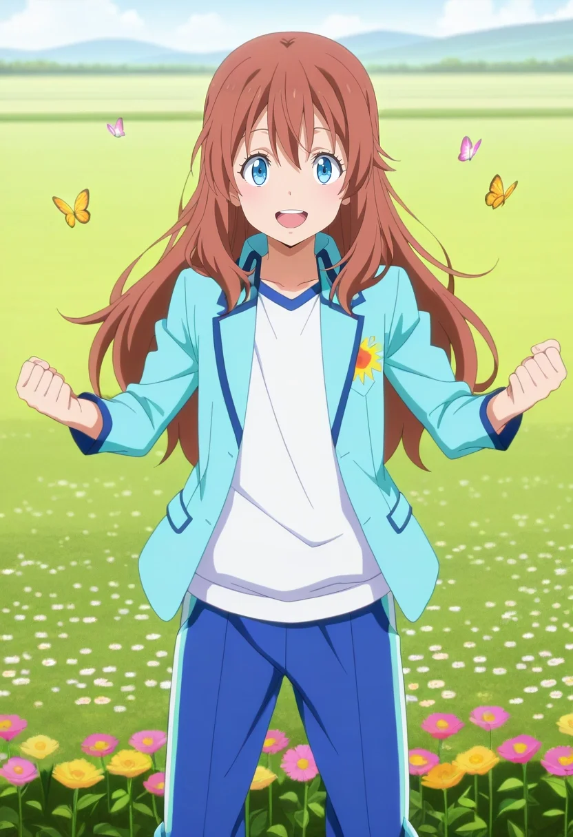 masterpiece, best quality, anime screencap, anime coloring, official style, , looking at viewer, 1boy, male focus, ice blue eyes, ash brown hair, long hair, Track pants, Voile Abstract Blazer, , ,, solo, flower meadow, wildflowers, butterflies, rolling hills, spinning pose, carefree laugh, afternoon sun, <lora:tensura_style_ilxl:1>, tensura_style,