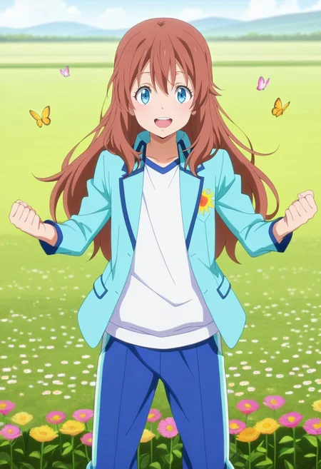 masterpiece, best quality, anime screencap, anime coloring, official style, , looking at viewer, 1boy, male focus, ice blue eyes, ash brown hair, long hair, Track pants, Voile Abstract Blazer, , ,, solo, flower meadow, wildflowers, butterflies, rolling hills, spinning pose, carefree laugh, afternoon sun, <lora:tensura_style_ilxl:1>, tensura_style,