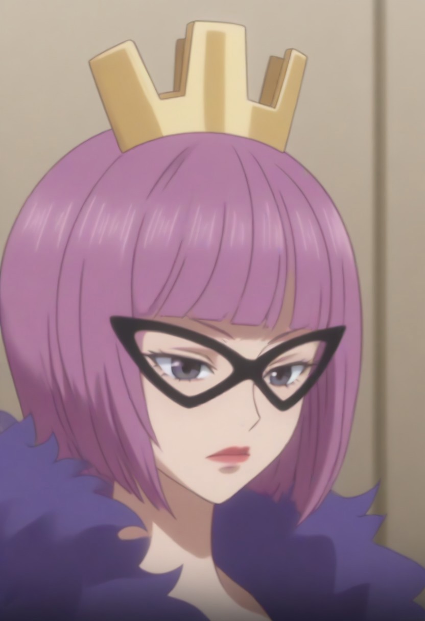 source_anime, anime screencap, source_anime, auratheguillotine, anime screencap, masterpiece, source_anime, shiny skin,,, KinderellaOP, 1girl, solo, tall woman, pink purple hair, bangs, bob cut, black eyes, lips, red lipstick, crown, long yellow dress, cleavage, dress with cutout, dark cape, wide hips, long light-colored gloves, eye-mask,