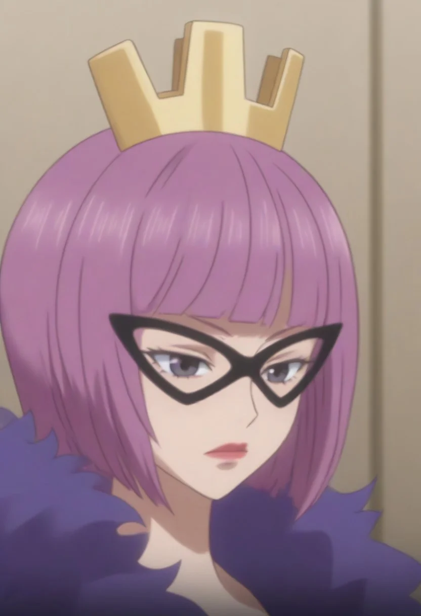 source_anime, anime screencap, source_anime, auratheguillotine, anime screencap, masterpiece, source_anime, shiny skin,,, KinderellaOP, 1girl, solo, tall woman, pink purple hair, bangs, bob cut, black eyes, lips, red lipstick, crown, long yellow dress, cleavage, dress with cutout, dark cape, wide hips, long light-colored gloves, eye-mask,