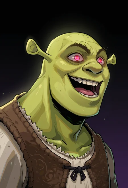 score_9, score_8_up, score_7_up, BREAK <lora:hades-guy-PONYv1:1>, shadow, portrait, 1boy, solo, <lora:Shrek_XLPD:0.8> shrek, green skin, shaded face, crazy smile, evil eyes, glowing eyes, dark background, glowing, evil smile, open mouth, from side, laughing,