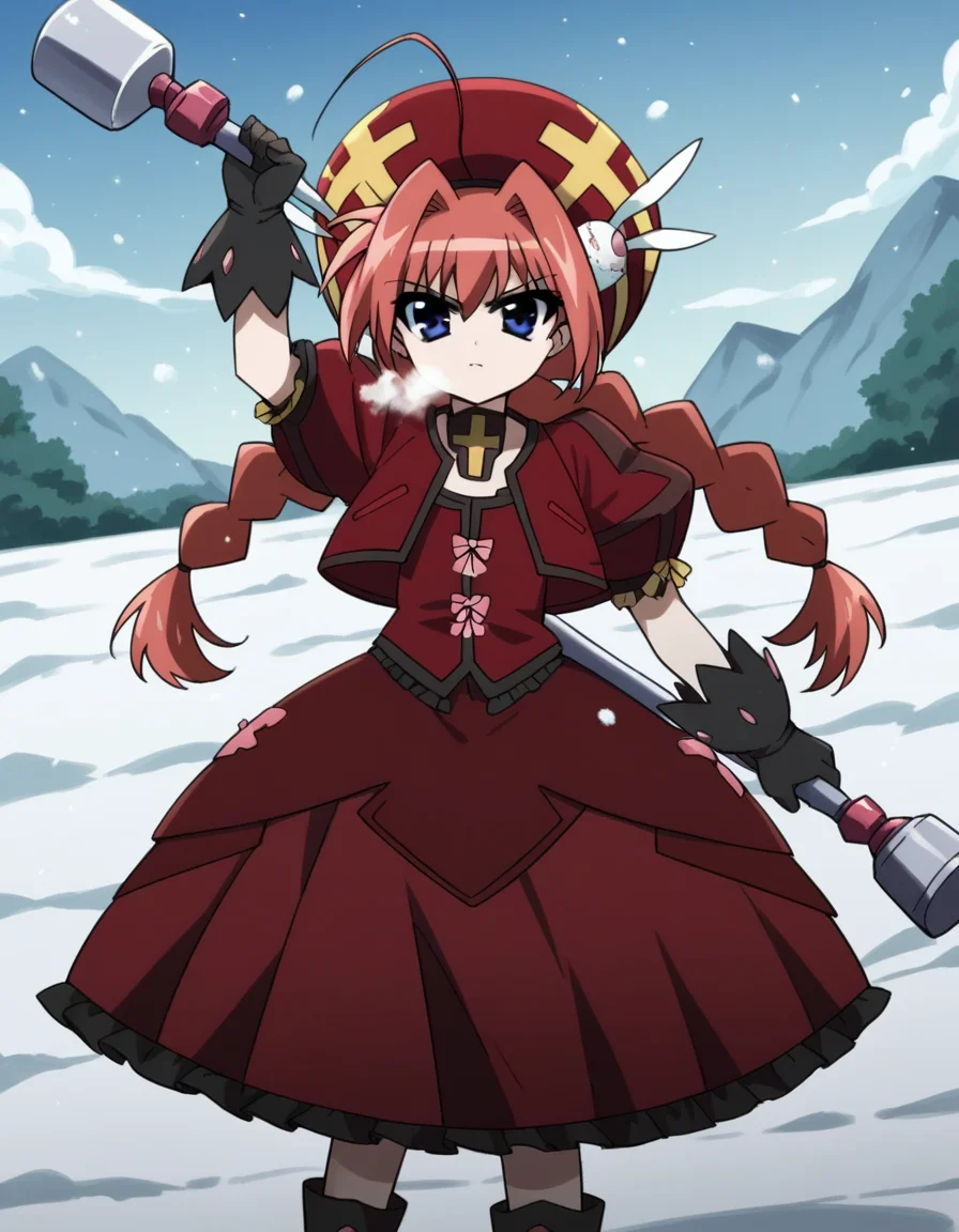 score_9, score_8_up, score_7_up, source_anime, <lora:vita-movie2-ponyxl-lora-nochekaiser:1>, vita, blue eyes, braid, ahoge, red hair, twin braids, rabbit hair ornament,, gloves, hat, dress, weapon, open clothes, open jacket, magical girl, red dress, cropped jacket, hammer,, snow day, winter clothes, snowball fight, laughter, cold breath, white landscape, , looking at viewer, v, v over eyes,, solo,, dutch angle,