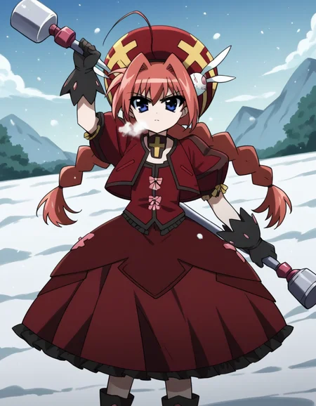 score_9, score_8_up, score_7_up, source_anime, <lora:vita-movie2-ponyxl-lora-nochekaiser:1>, vita, blue eyes, braid, ahoge, red hair, twin braids, rabbit hair ornament,, gloves, hat, dress, weapon, open clothes, open jacket, magical girl, red dress, cropped jacket, hammer,, snow day, winter clothes, snowball fight, laughter, cold breath, white landscape, , looking at viewer, v, v over eyes,, solo,, dutch angle,