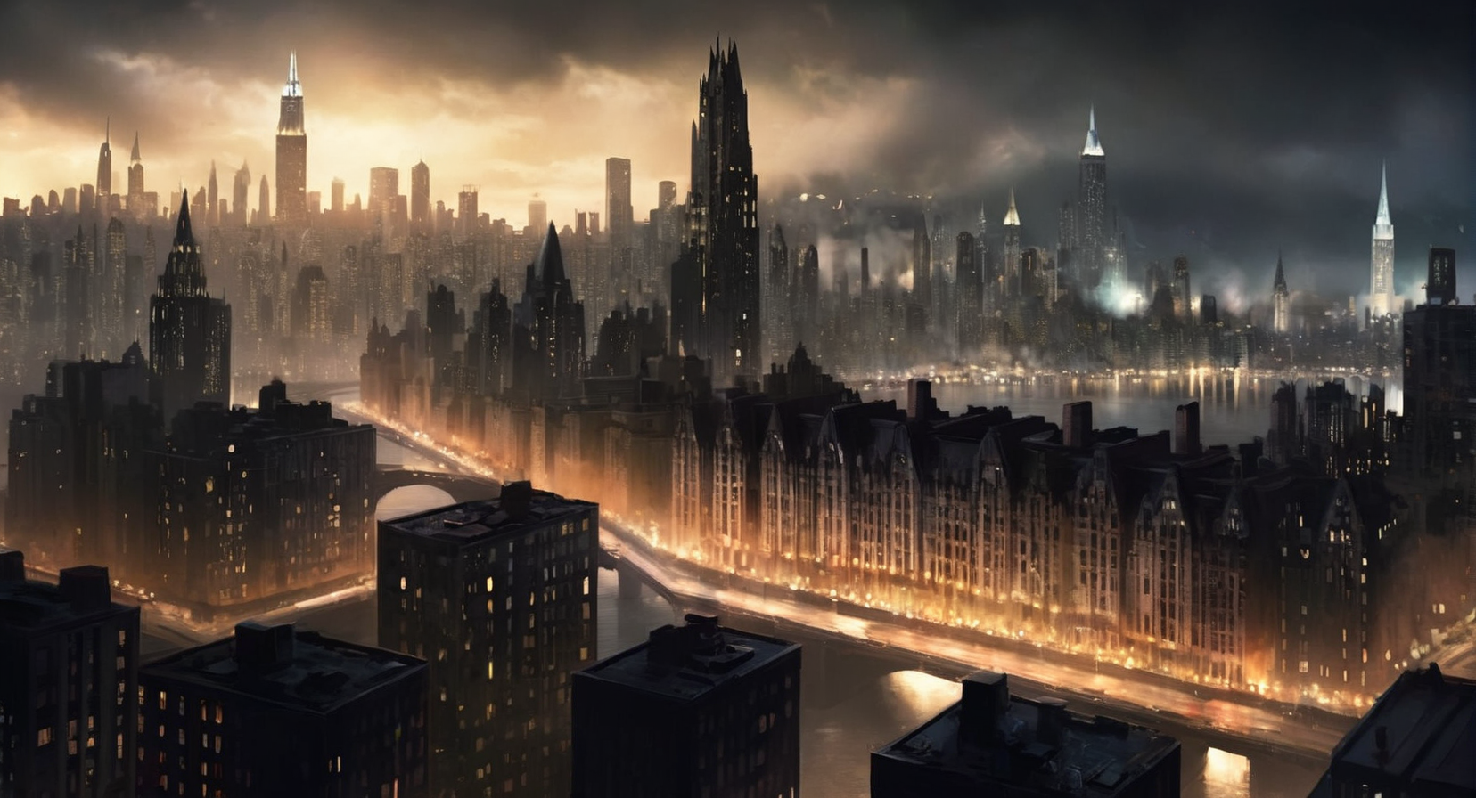 concept art of  <lora:Gotham City:1.2>
Gotham City a city skyline with a lot of lights on it, digital artwork, illustrative, painterly, matte painting, highly detailed