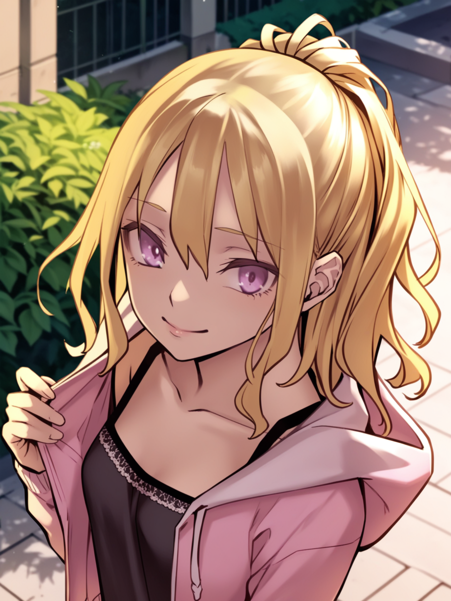 <lora:happy_tentacle-fuyuno-v0.3-000021:1>, ht_fuyuno, blonde hair, camisole, open jacket, hooded jacket, hood down , outdoors 1girl, solo, , , (:P :1.1), , looking at viewer , standing , facing viewer , score_9, score_8_up, score_7_up, score_6_up, score_5_up, score_4_up
