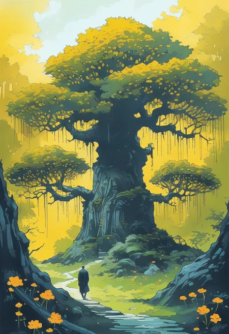 <lora:kallmekris:0.5> kallmekris mixed with <lora:esme_sdxl:0.5> esme , fantasy, fantasy art, A mystical forest filled with ancient trees, glowing flowers, and ethereal creatures like fairies and talking animals. animals, fairies, magical creatures, fantastic beasts, The atmosphere is both enchanting and eerie, with shadows of lurking dangers. In the center, a majestic tree with golden leaves serves as a gateway to different realms. Bengali landscape, Indian landscape,, i oil painting, palette knife soft brushstrokes, heavy strokes, dripping paint, art station on trend, sharp focus, intricate details, highly detailed ,art by enki bilal, art by philippe druillet, art by moebius, inspired by french comics art ,art by Jakub Rozalski,