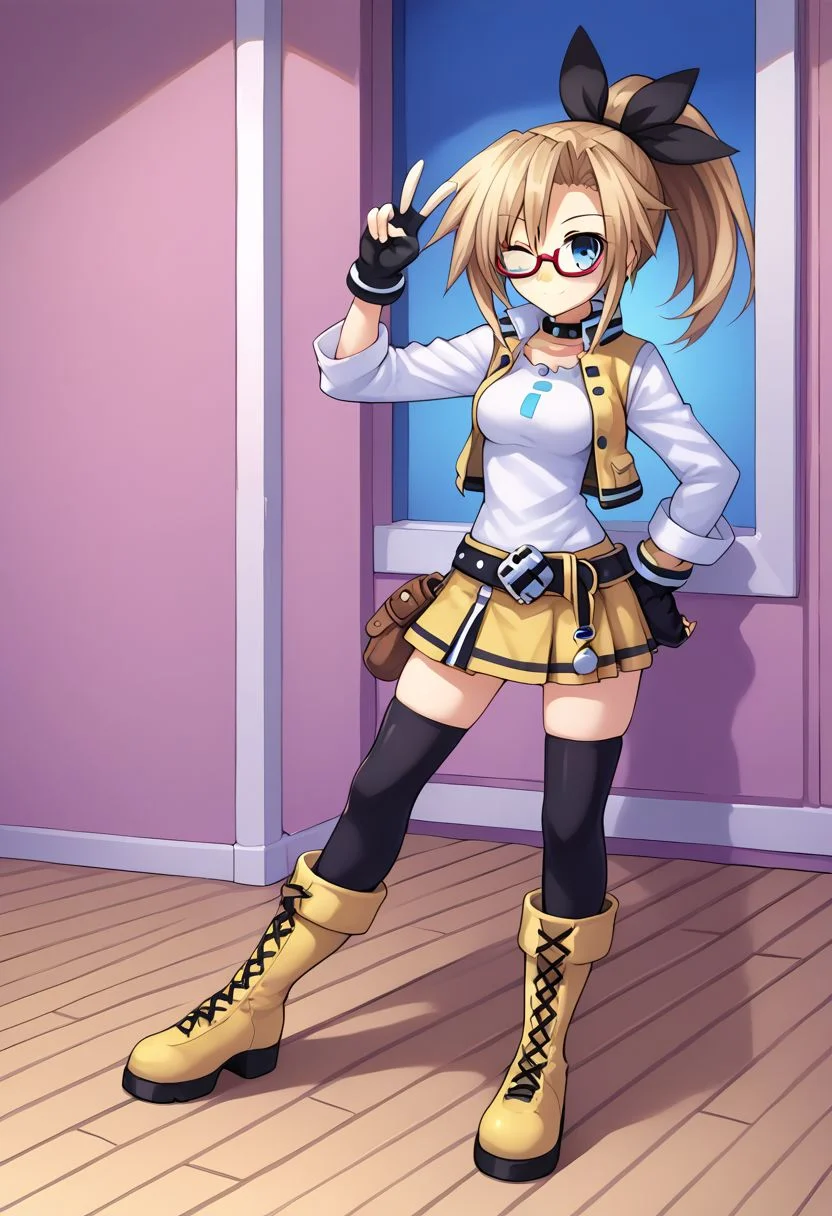 score_9, score_8_up, score_7_up, source_anime,(1girl), solo, IF \(neptunia)\, blonde hair, ponytail, short ponytail, blue eyes, ((((tall female, long legs, medium breasts)))), (((((red rimmed glasses, fingerless gloves, yellow skirt, pleated skirt, miniskirt, leather belt, yellow vest, white shirt, white shirt, white shirt, ribbed shirt, sweater shirt, yellow boots, leather boots, yellow jacket, cropped jacket, long sleeves, ((thick thighs)), zettai ryouiki, wide hips, thin waist, black thigh highs, black bow))))), (((((winking))))), (((((thigh highs))))), hand on hip, v sign, smiling, cute pose
