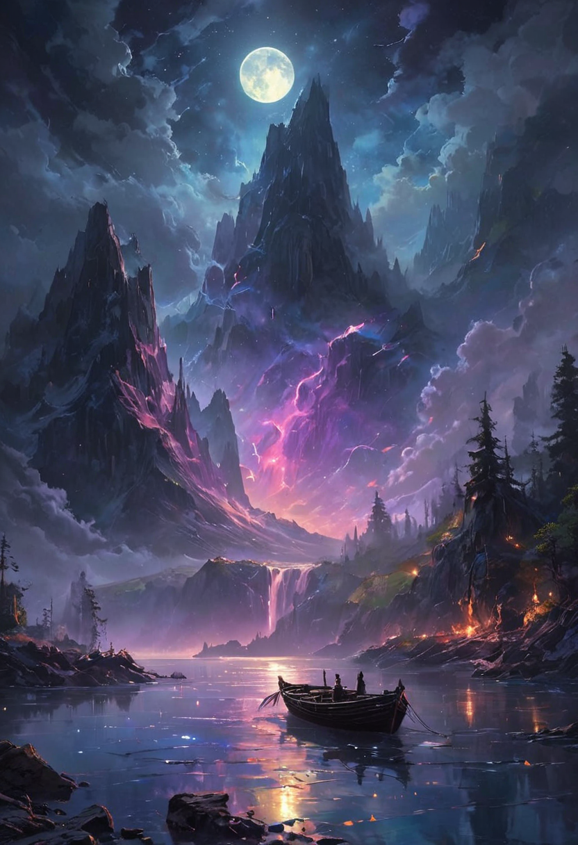 Under the eerie glow of a full moon, a dark and ominous landscape unfolds. A vibrant, colorful boat floats on the serene lake, its vivid hues contrasting starkly with the foreboding atmosphere. In the background, a waterfall cascades down jagged rocks, the water glistening in the moonlight. Thick, swirling clouds loom overhead, adding to the sense of an evil presence. The moonlight filters through the clouds, casting an otherworldly glow over the scene. A falling star streaks across the sky, adding a touch of mysticism to the night. The air is thick with a sense of ancient secrets and dark magic, as if the very night is alive with hidden power. As daylight breaks, light glows on the landscape, illuminating the boat and the surrounding scenery with a surreal brightness. [romantic impressionism,dream scenery art,beautiful oil matte painting,romantic,style of thomas kinkade,beautiful digital painting,anime landscape,romantic painting,dreamlike digital painting,colorful painting,beautiful gorgeous digital art,style of greg rutkowski,janek sedlar,jenny saville:0] <lora:vivid_everclear:0.6> <lora:Sinozick:0.65>