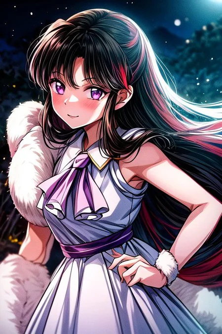 masterpiece, best quality 1girl Setsun4 solo long hair, (night time) forest background black hair very long hair purple eyes multicolored hair armor (fur trim) (medium body),<lora:EMS-179-EMS:0.800000>,<lora:EMS-293862-EMS:0.800000> bow, hair_bow, hair_tubes, red_bow, brown_hair, long_hair, bangs, sidelocks, ascot, brown_eyes, frilled_bow, yellow_ascot, blush, smile, hair_between_eyes