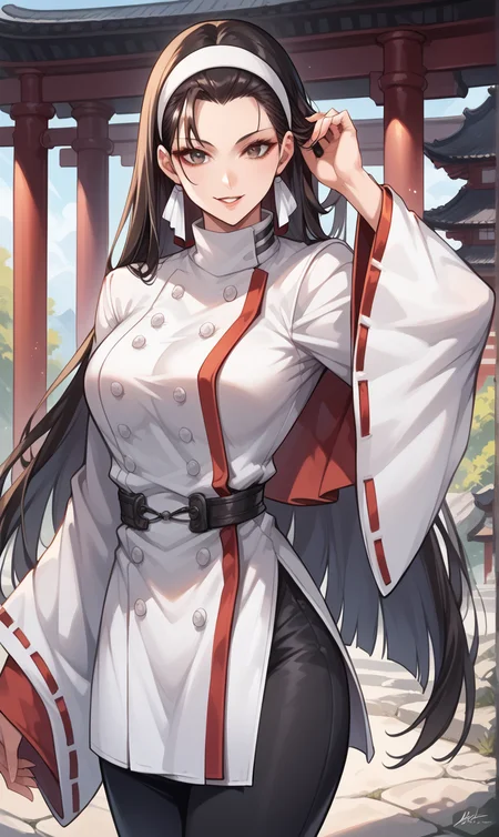 score_9, score_8_up, score_7_up, score_6_up, source_anime, BREAK masterpiece, ChizuruKOF, hair slicked back, long hair, white hairband, japanese clothes, belt, wide sleeves, black pants, shrine, breasts, smile, parted lips, adjusting hair, looking at viewer, cowboy shot,