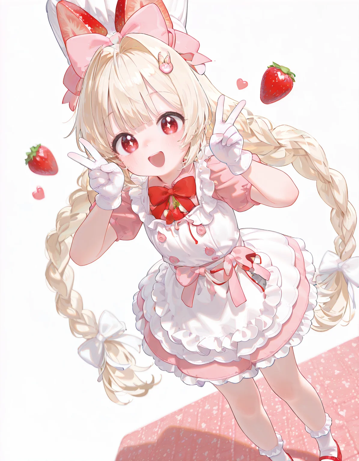 masterpiece, best quality, amazing quality, very aesthetic, absurdres, newest, volumetric lighting,dutch angle,1girl,solo,looking at viewer,happy,sparkling eyes,double v,smile,<lora:Crust_NIKKE:1>crust (nikke), blonde hair, twin braids, long hair,red eyes, , hair bow, hair ornament, chef hat, pink dress, white apron, white gloves,white socks, red shoes, bow, ribbon, strawberry hat ornament, skindentation, white background,
,pink background,heart background,skindentation,masterpiece, best quality, amazing quality, very aesthetic, absurdres, newest, volumetric lighting, <lora:c_:1>