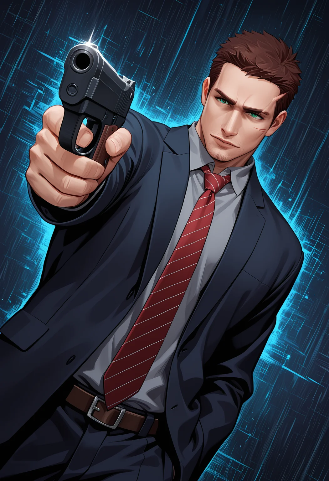 masterpiece, best quality, amazing quality, dutch angle, abstract background, BREAK
solo, male focus, 1boy, dp_york, brown hair, short hair, scar, stubble, green eyes, left-side scar, dark suit, red tie, handgun, gun, BREAK
<lora:cfg_scale_boost:.6>  <lora:York_-_Deadly_Premonition_-_ILXL:1>