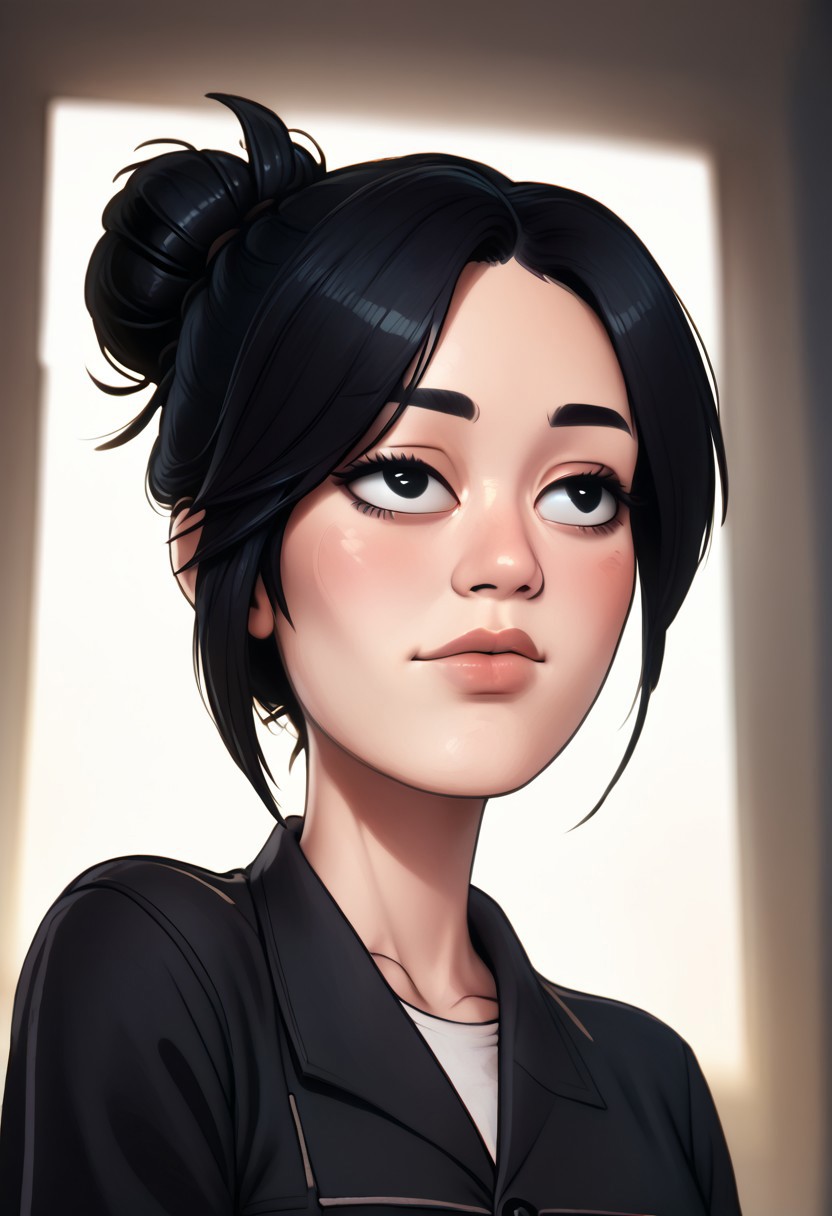 score_9, score_8_up, score_7_up, score_6_up, PRSNL_3_1, uncensored, pupils black dots, lips, upper body, best quality, masterpiece, 4k, realistic, warm light,
1girl, solo, cpnakamura, single bun, black hair, black eyes