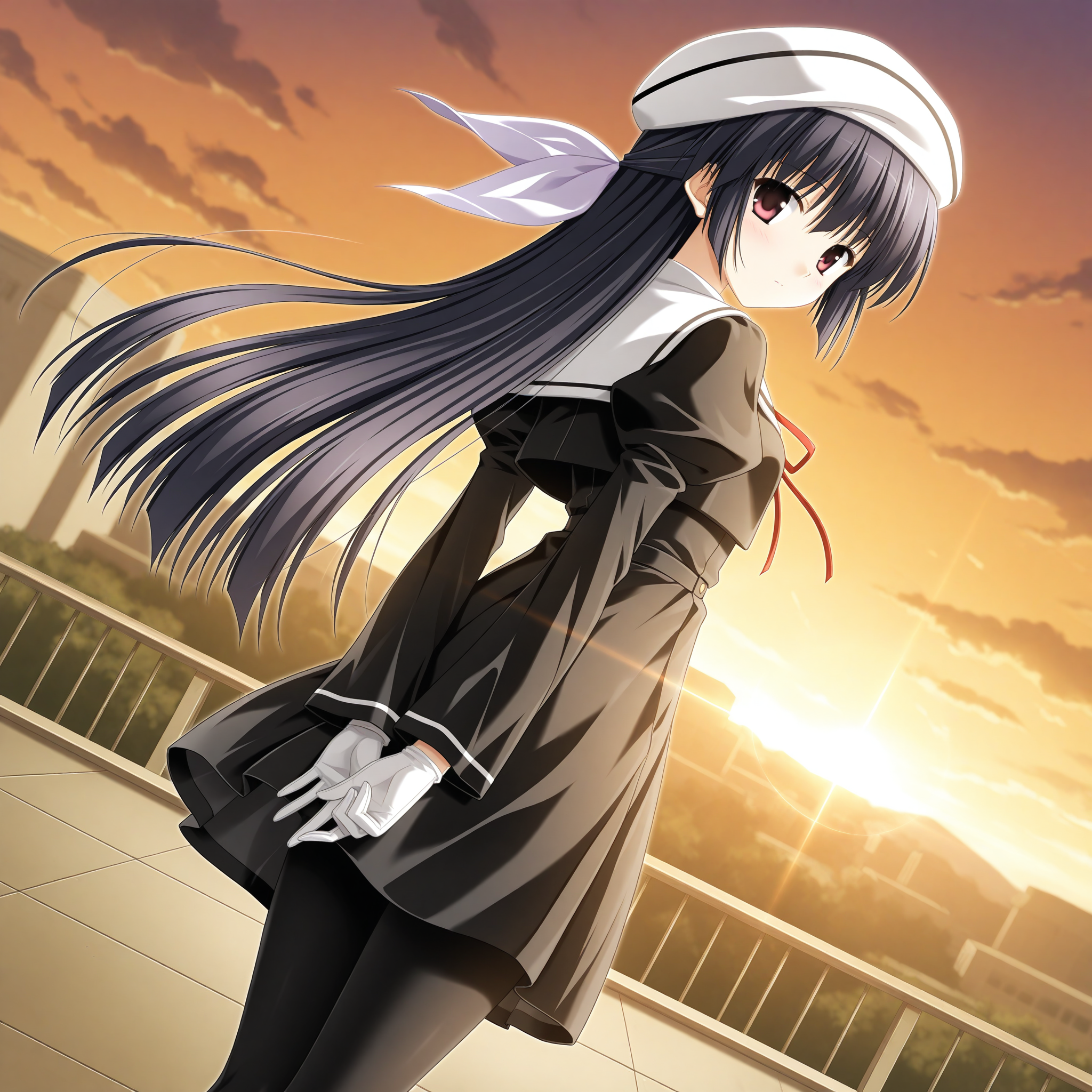 <lora:Amamiya_Yuuko_1_nai-000038:1>,Amamiya Yuuko,hair ribbon,white ribbon,
white beret,school uniform,white gloves,black dress,red ribbon,juliet sleeves,neck ribbon,white shirt,cropped jacket,black jacket,collared jacket,white sailor collar,black pantyhose,
1girl,solo,looking at viewer,standing,depth of field,lens_flare,dutch angle,on roof,from behind,looking back,arms behind back,sunset,