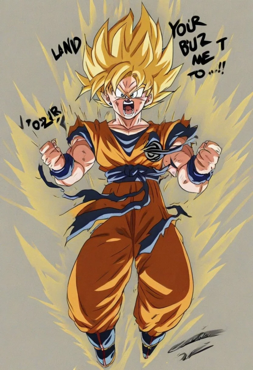 Anime style , solo, gkudbz, Detailed, goku,Screaming,((holding sign with text "land your buzz to me!:1.2))