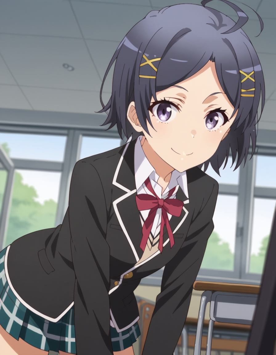 score_9, score_8_up, score_7_up, source_anime,
komachihikigaya, <lora:komachi-hikigaya-s2s3-ponyxl-lora-nochekaiser:1>,
komachi hikigaya, short hair, black hair, hair ornament, ahoge, hairclip, x hair ornament, purple eyes,
skirt, ribbon, school uniform, jacket, black jacket, plaid, plaid skirt, blazer, sobu high school uniform,
indoors, classroom, bent over, smile,
looking at viewer, cowboy shot, solo, dutch angle,