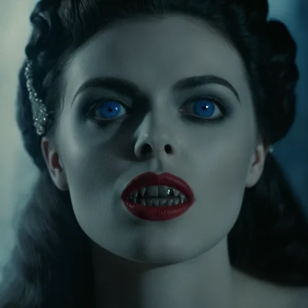 cinematic film still of <lora:perfect sclera eye style v2:0.5> very big reflective blue eyes
<lora:Female Vampire 2:0.5> <lora:brides of dracula style:0.5>
closeup, 15th-century 1897 a vampire woman with a creepy look on her face staring at camera with vampire fangs and vampire reflecting eyes and red lips Kodak Eastman EXR 50D 5245, EXR 500T 5296 Cinematic Film in a scene from the brides of dracula style, shallow depth of field, vignette, highly detailed, high budget, bokeh, cinemascope, moody, epic, gorgeous, film grain, grainy
