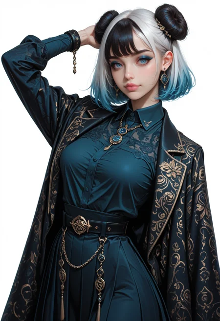 8K, depth of field, dynamic angle, sexy pose, best quality, detailed eyes, perfect eyes, realistic eyes, short hair, white hair, hair bangs, blue highlights, blue eyes, thick eyebrows, black eyebrows, blue eyeshadow, pink lips, full lips, fit body, The woman is attired in an outfit that blends traditional Asian design elements with modern sensibilities. She wears a white, high-collared blouse, the texture of which appears to be fine, and a skirt of a similar shade. A black, wide belt cinches her waist, embellished with a decorative chain that dangles to her lower torso, culminating in a pendant. Over her shoulders, she drapes a dark, ornate jacket with intricate golden patterns along the lapels and cuffs, accentuating the figureâs poise. The overall effect is one of opulence and cultural richness.Her dark hair is styled in a manner that incorporates traditional elements, with two buns placed high atop her head and a cascade of long, loose strands that fall around her shoulders. hair is adorned with intricate hair accessories. The earrings she wears are similarly ornate. nails are painted a dark color.Hanging in the air are multiple strings, perhaps representing a symbolic connection with the dragon or serving as a decorative element. adorned with intricate hanging ornaments, further enhancing the opulence of the composition.The figure is predominantly rendered in shades of black, evoking a sense of mystery and otherworldliness, set against a pale, almost featureless background that accentuates its form, small ass, small breast, realistic breast, , , BREAK, feet_focus, front view, looking at viewer, movie perspective, white background, abstract background, <lora:MoriiMee_Gothic_Niji_Style_Illustrious_r1:0.7> artist:moriimee,  <lora:PowerPuffMixLora:0.5>,  <lora:Detailer_NoobAI_Incrs_v1:1> detailed,