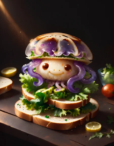 very cute appealing anthropomorphic jellyfish sandwich, looking at the viewer, macro, cinematic lighting, fantasy art, dynamic composition, epic realistic, award winning illustration <lora:FoodPets:1> Foodpets