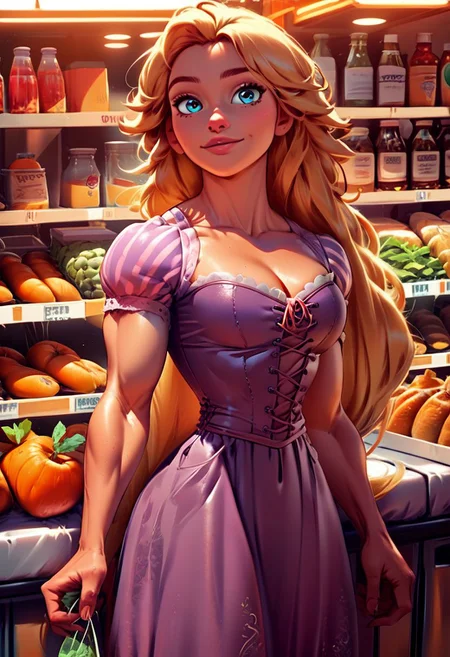 score_9, score_8_up, score_7_up, source_illustration; 1 girl, Rapunzel, muscular, jacked, bodybuilder; long hair, blonde, blue eyes; bowsette dress; at the grocery store; grocery store fruits and vegetables in the background; detailed eyes, intricate details, colorful; rating_safe