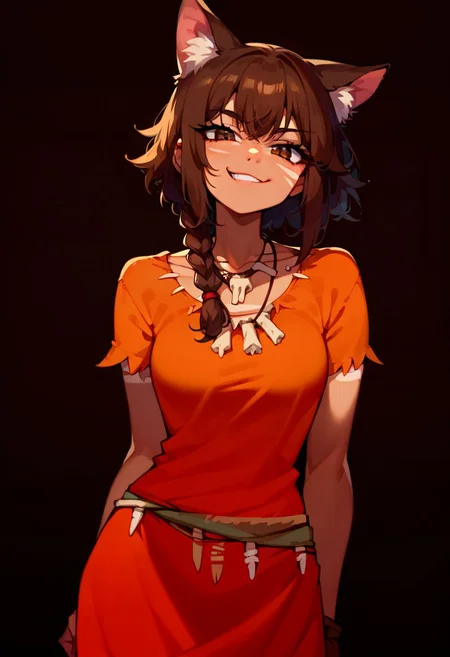 score_9, score_8_up, score_7_up, score_6_up, source anime, {{tags}}, kuronagamimi, cat girl, cat ears, cat tail, animal ear fluff, jungle background, blurry background, single braid, brown eyes, zzSavage, bone necklace, tribal, smirk, sqautting