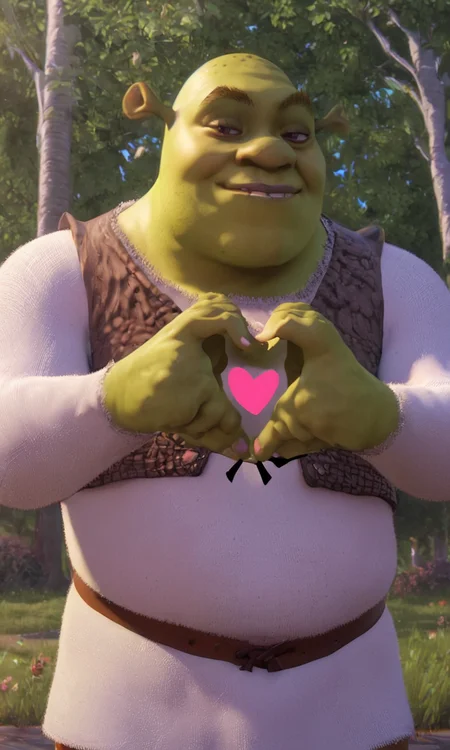 score_9, score_8_up, score_7_up, 1boy, <lora:Shrek_XLPD:1> shrek, green skin, smirk, (heart hands:1.5), park, trees, sunny, bluesky,