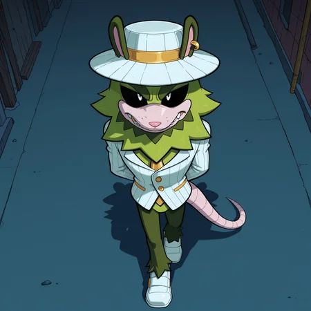 2d, 1boy, solo, Clutch, male, furry, furry male, two tone fur, opposum, black sclera, animal ears, white pupils, green fur, dark green ears, golden earring, sharp teeth, gold tooth, pink nose, thick eyebrows, dark green eyebrows, green spiky beard, pale peach muzzle, pale peach fingers, clawed fingers, furless fingers, pale pink tail, dark green legs, white tuxedo jacket, gold necktie, gold buttons, gold pockets, gold cufflinks, white loafers with gold accents, bottomless, white and yellow bucket hat, animal ears on hat
BREAK walking, alleyway, hands behind back, night, hat shadow, serious expression, from above, dark environment
BREAK best quality, amazing quality, very aesthetic, absurdres, newest, masterpiece