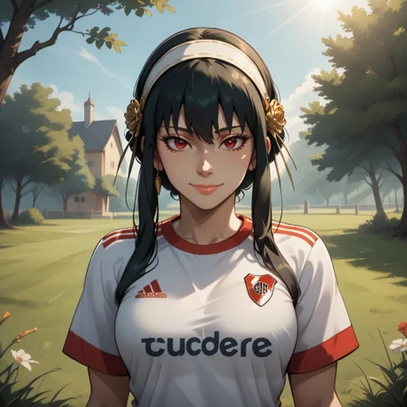 score_9, score_8, BREAK, solo, yor briar, black hair, red eyes, sidelocks, hairband, short hair with long locks, white hairband, RiverPlate, striped shirt, striped, shirt, white shirt, short sleeves, clothes writing, sportswear, soccer uniform, house wife, sexy pose, self portrait, smile, outdoors, sunlight, shadows, evening lighting, natural lighting, forest, trees, grass, orange sky, sunset