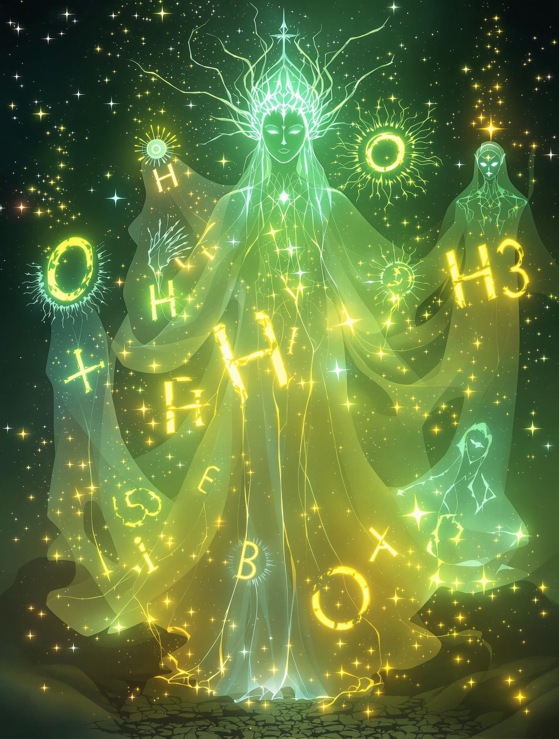 7 bioluminescence translucent entities they are,
A Bioluminescence translucent Hydrogen God - H (Atomic number 1)
A Bioluminescence translucent Helium Goddess- He (Atomic number 2)
A Bioluminescence translucent Lithium God - Li (Atomic number 3)
A Bioluminescence translucent Beryllium Goddess- Be (Atomic number 4)
A Bioluminescence translucent Boron elf - B (Atomic number 5)
A Bioluminescence translucent Carbon/humanoid - C (Atomic number 6)
A bioluminescence translucent Nitrogen/demon - N (Atomic number 7)
Oxygen - O (Atomic number 8)
Masterpiece, 32k, 16k, 8k,