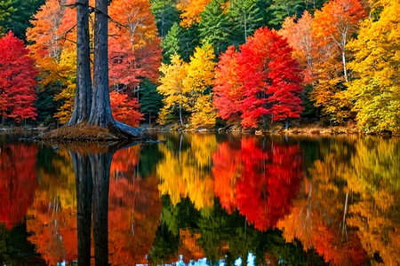 Stable_Yogis_PDXL_Positives,<lora:sdxl_lightning_8step_lora:1>,A still lake reflecting the vibrant colors of an autumn forest, with trees adorned in shades of red, orange, and gold, The perfect mirror image enhances the beauty of the scene,âââ