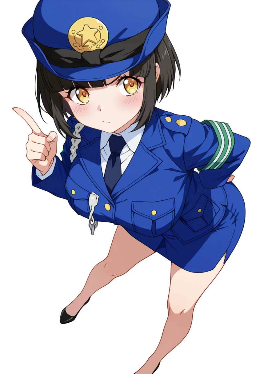 Smooth Quality,masterpiece,very intricate, high quality details, ultra realistic, high detailed skin,detailed enviorement,absurdres,
index finger raised,
<lora:Tachibana_Mei_CNR:0.8> mei_cnr, black hair, short hair, bob cut, blunt bangs, yellow eyes, large breasts,mei_cnr_def, 1girl,police uniform, blue jacket, shirt, collared shirt, pencil skirt, blue necktie, armband, police hat, breast pocket,black footwear,, sulking,, simple background, white background, dynamic angle,solo,