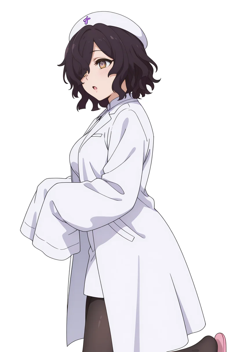 Smooth Quality,masterpiece,very intricate, high quality details, high detailed skin,detailed enviorement,absurdres,
simple background, white background,from side,
;o,
<lora:Kiclacnn:0.8>
Kiclacnn, 1girl, black hair, brown eyes, symbol-shaped pupils, short hair, hair over one eye,
nurse cap, lab coat, slippers,black pantyhose, pink footwear, sleeves past wrists,