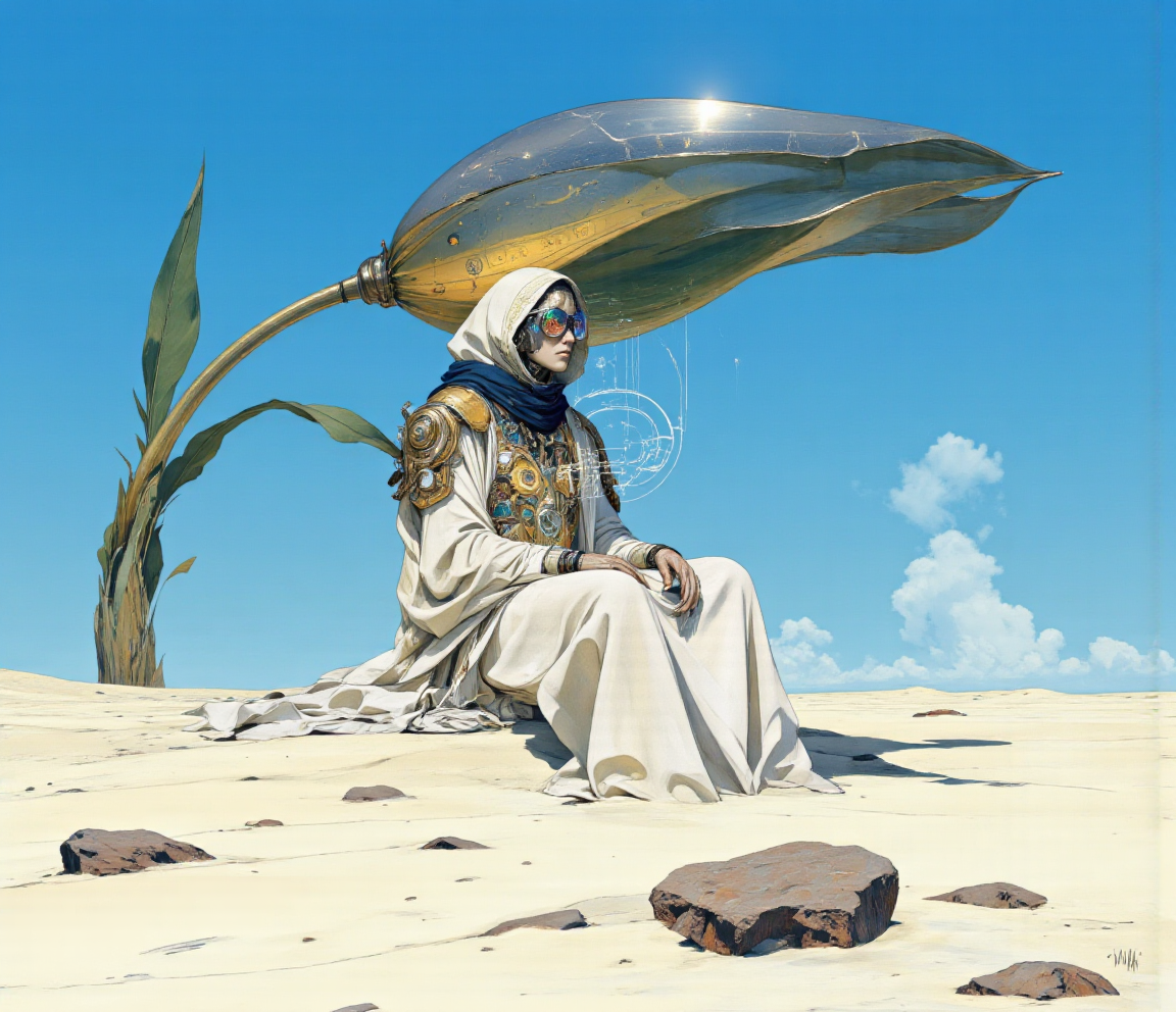 line art drawing anime artwork professional 3d model cinematic film still <lora:lora-10122.TA_trained:1>ancient holograms, glowing control panels, quantum circuits, floating holographic UI, AI-powered constructs, intricate clockwork mechanisms, metallic engraving details...A solitary figure sits in the foreground of an expansive, arid landscape, characterised by a pale, sandy terrain that stretches towards the horizon. The terrain is punctuated by a few scattered, uneven rocks and subtle undulations, hinting at the natural forces that shaped this desolate environment. Above, a vibrant azure sky dominates, nearly cloudless, showcasing a few wispy formations that add depth to the otherwise vast expanse.
The figure exudes an aura of calm intelligence, dressed in an elaborate, flowing white robe that blends elements of traditional and futuristic design. The robe is adorned with various symbols and patterns, adding an intricate touch to the otherwise minimalist appearance. A large, circular device is prominently displayed on the chest area, seemingly serving a significant purpose, while a deep blue scarf encircles the neck, contrasting against the white fabric. 
Their face is partially obscured by a hood, but the most striking feature is a pair of unusual eyeglasses which reflect an array of colours. The hands, resting on the knees, reveal elongated fingers, hinting at a level of dexterity and precision. The posture is relaxed yet poised, suggesting a sense of waiting or contemplation.
In the background, an enormous, futuristic flower-like structure rises prominently, its metallic petals unfurled, catching the light and casting a distinctive shadow on the ground. The flower's design is sleek and otherworldly, with a stem gracefully curving upward, adding a surrealistic touch to the landscape. Its colour palette shifts from shimmering gold at the petals to a subtle green towards the base, creating a stark yet harmonious contrast with the surrounding earth tones.
The interplay of shadows and light, alongside the juxtaposition of organic and mechanical forms, invites the viewer to ponder the relationship between the figure, the enigmatic flower, and the barren landscape that envelops them. The entire scene evokes a sense of stillness and mystery, drawing oneâs attention to the intricate details that might be overlooked at a cursory glance. . shallow depth of field, vignette, highly detailed, high budget, bokeh, cinemascope, moody, epic, gorgeous, film grain, grainy . octane render, highly detailed, volumetric, dramatic lighting . anime style, key visual, vibrant, studio anime,  highly detailed . professional, sleek, modern, minimalist, graphic, line art, vector graphics