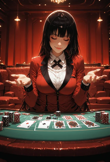 masterpiece,((greasymeta)),jabami_yumeko,kakegurui,1girl.solo,black hair,hyakkaou academy school uniform.red jacked,white colarred shirt,poker table,seating at red sofa,.playing poker,cards on table,,.casino,upper body,w-arms,(((shrugging))),closed eyes,light smile,simple backround,black backround.spread hands
