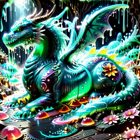embedding:lazympos a slime-morphed knight battling a gelatinous dragon, armor oozing metallic hues, sword trailing glowing slime, battlefield of melting stone and gooey flora, sl1m3d, slime-morph, epic composition <lora:Slime_Morph_V4:1.0000000000000002> <lora:TrendCraft_The_Peoples_Style_Detailer-v2.1A-3_12_2025-SDXL:0.20000000000000004>