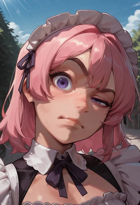 masterpiece, best quality, absurdres, highres, high quality, highly detailed, detailed eyes, detailed hair,
CivChan, purple eyes, pink hair, 1girl, maid uniform, r0ckbr0w, looking at viewer, raised eyebrow, closed mouth, upper body, head tilt, manly, thick eyebrows, outdoors, sunlight, light on face, morning, day
