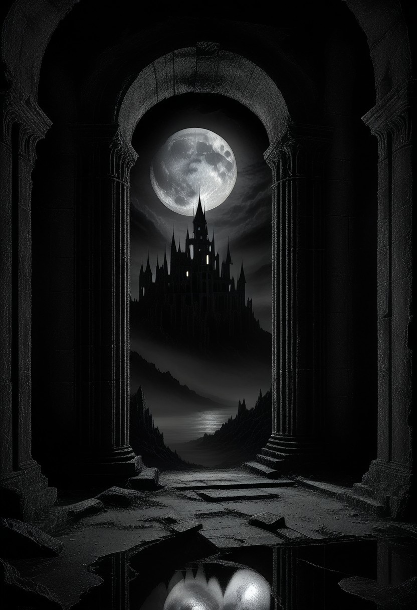 fantasy. dark. dramatic. inside an abandoned ruin of a huge castle. detailed stone columns. at night. Moon visible through the window. grey, black and white colors
perfection style, colorful, vivid background, midjourneyv6.1, Dark Fantasy page, dark, chiaroscuro, low-key, blackmetal style, xerox, black and white