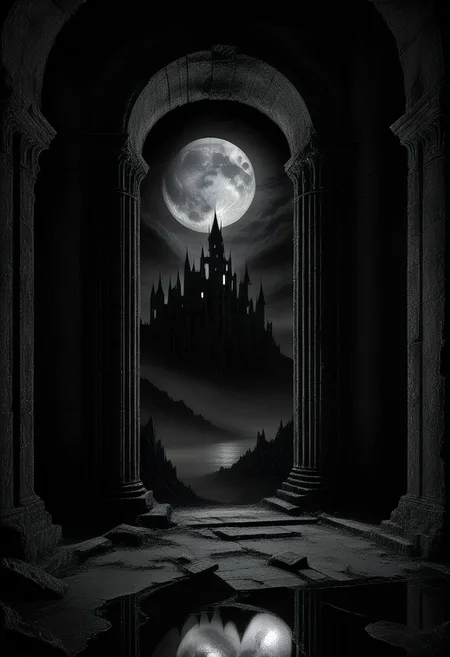 fantasy. dark. dramatic. inside an abandoned ruin of a huge castle. detailed stone columns. at night. Moon visible through the window. grey, black and white colors
perfection style, colorful, vivid background, midjourneyv6.1, Dark Fantasy page, dark, chiaroscuro, low-key, blackmetal style, xerox, black and white